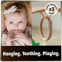 SplashEZ Baby Lounger Camel Toy Rings illustrate easy toy attachment to stimulate senses