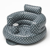 SplashEZ inflatable baby seat polka dots grey front view highlights ergonomic back support