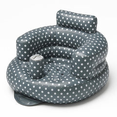 SplashEZ inflatable baby seat polka dots grey front view highlights ergonomic back support