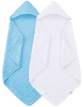 Spotted Play hooded towel in white, 32x32 inches, ultra-soft muslin cotton for newborns.