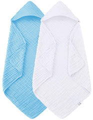 Spotted Play hooded towel in white, 32x32 inches, ultra-soft muslin cotton for newborns.