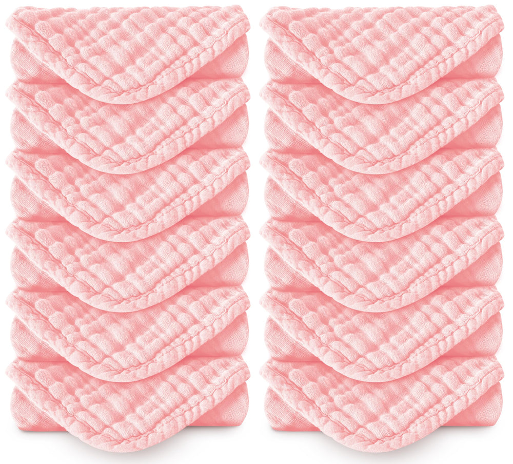 Spotted Play muslin burp cloths pink 20x10 pack—soft, absorbent fibers for burping.