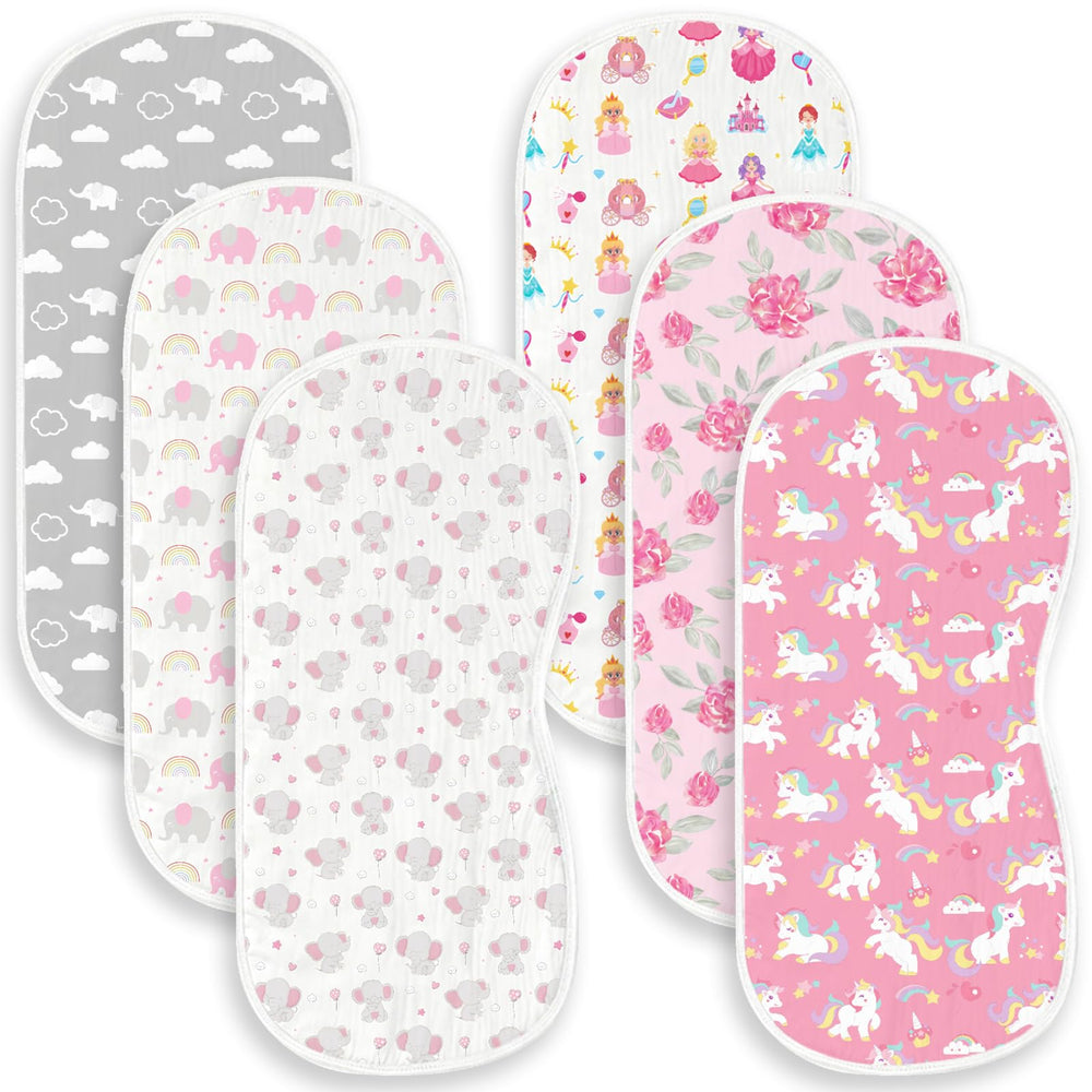 Spriggenix pink burp cloth with elephant pattern offers soft, absorbent protection during feeds.