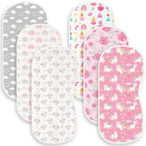 Spriggenix pink burp cloth with elephant pattern offers soft, absorbent protection during feeds.