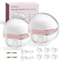 Springhope No.586 wearable breast pump on mom enabling hands-free pumping on the go.