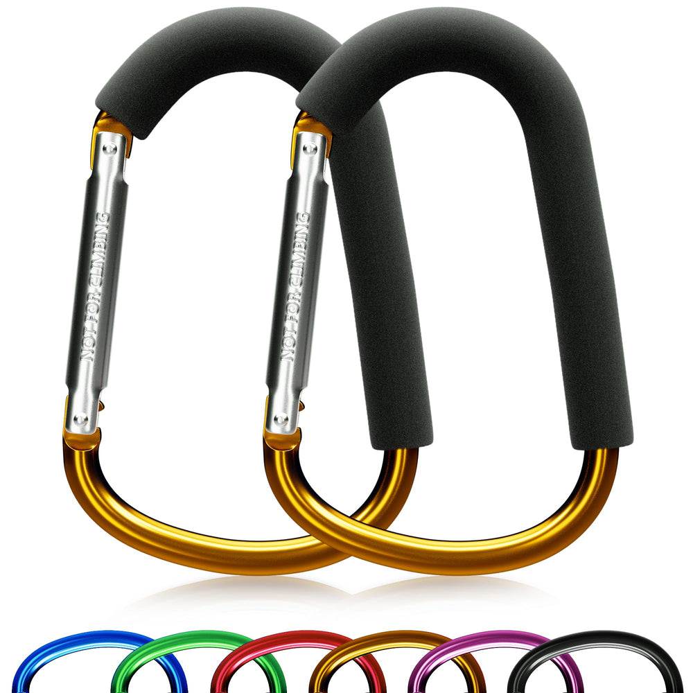 Sprookber large-stroller-hooks gold clip-on-handle protects bags on outings.