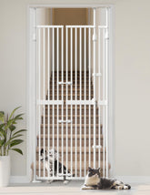 Sprouterie extra tall cat gate in doorway keeps pets contained without wall damage.