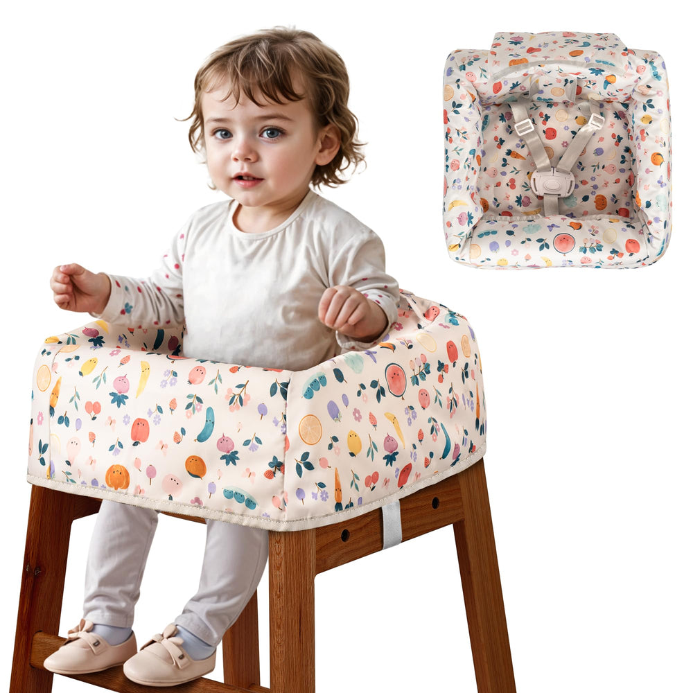 Sprouterie high chair cover unicorn harness keeps baby secure during restaurant meals.