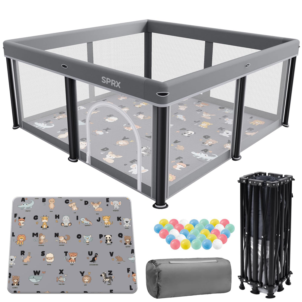 SPRX foldable playpen with alphabet mat educates and engages kids during playtime.