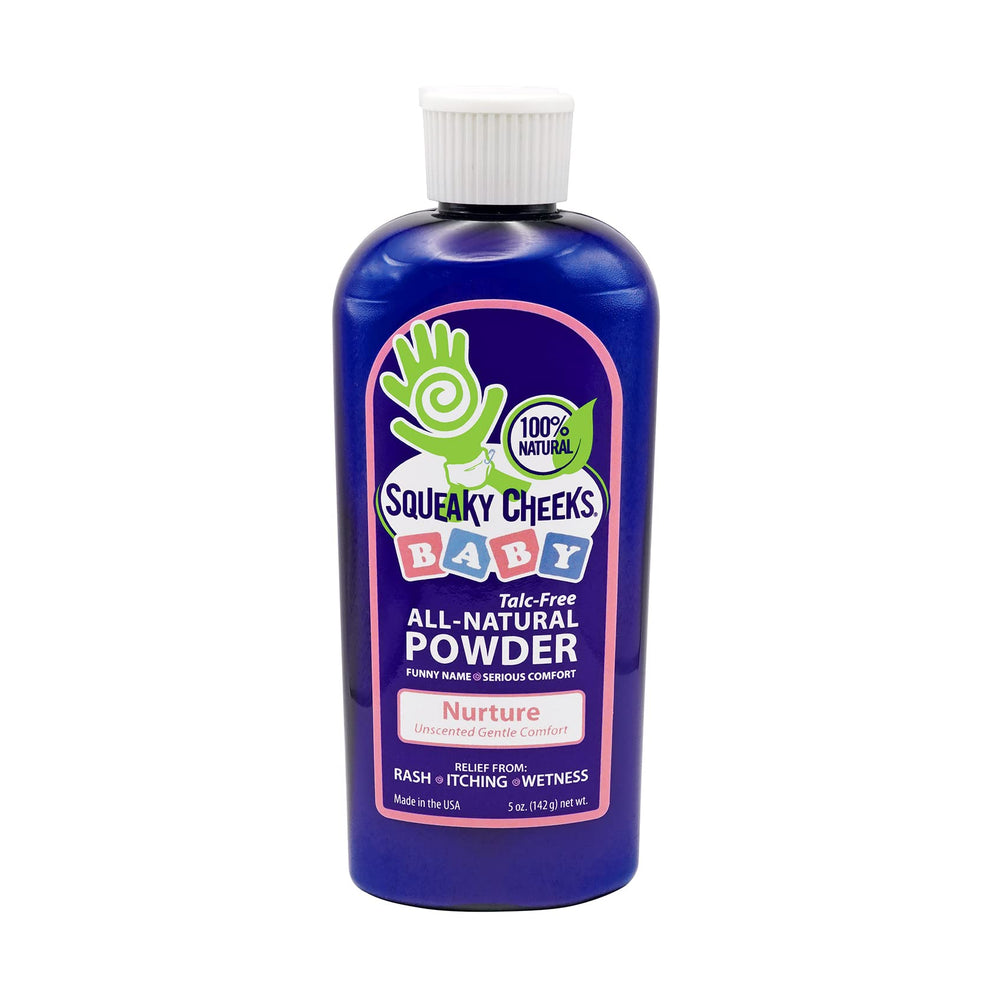 Squeaky Cheeks baby powder jar closeup showing talc-free formula for delicate newborn skin and comfort