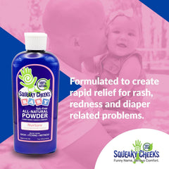 Squeaky Cheeks baby powder soft skin finish absorbs moisture for a dry feel
