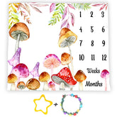 SSCSTS mushroom milestone blanket in watercolor backdrop for newborn photo sessions