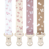 Stadela Anabella blush butterflies closeup keeps pacifier accessible and secure.