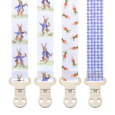 Stadela four-pack pacifier clip with neutral patterns keeps pacifiers within reach