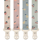 Stadela baby pacifier clip fruits four-pack showcasing colorful patterns for on-the-go use