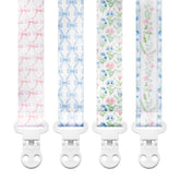 Stadela baby pacifier clip with vintage floral bows keeps pacifier close for quick soothing.