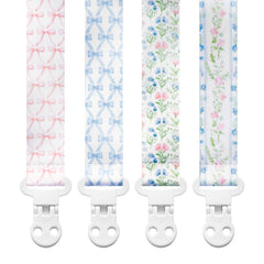 Stadela baby pacifier clip with vintage floral bows keeps pacifier close for quick soothing.