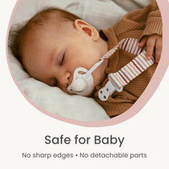 Stadela pacifier clip silky-ribbon close-up shows durable clasp and soft fabric