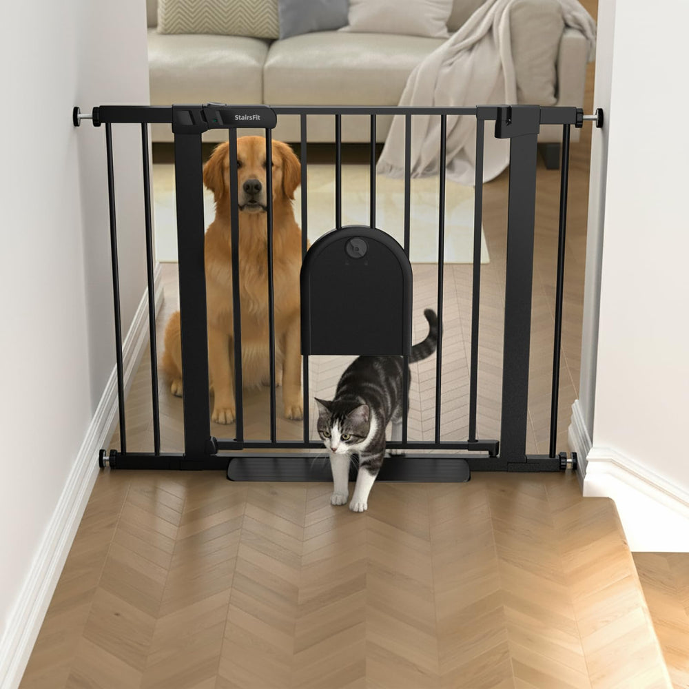 StairsFit baby gate main gate with extensions securing a wide opening