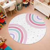 STARUIA Pink Round Rug rainbow-pattern highlights color learning and imaginative play in kids' rooms.