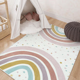 STARUIA rainbow rug close-up shows soft fibers and a bright double rainbow for cozy playtime.