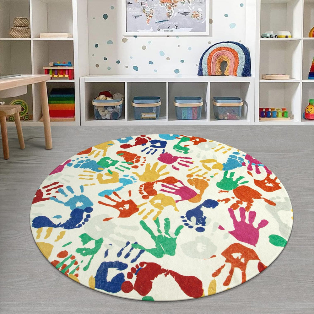 STARUIA round rug with handprint pattern adds playful energy to playrooms.
