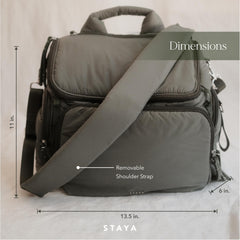 Staya Cloud Diaper Bag Sage interior layout shows 4 compartments for easy access