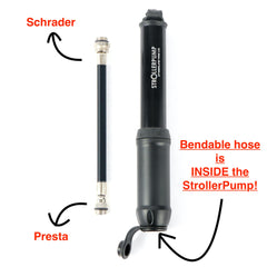 Steerling StrollerPump bendable hose extended to reach tight valve access.