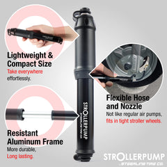 Steerling StrollerPump includes valve adaptors for easy cross-brand inflation.