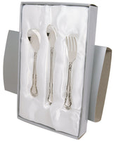 Stephan Baby keepsake feeding set in satin-lined box offers heirloom-ready presentation.