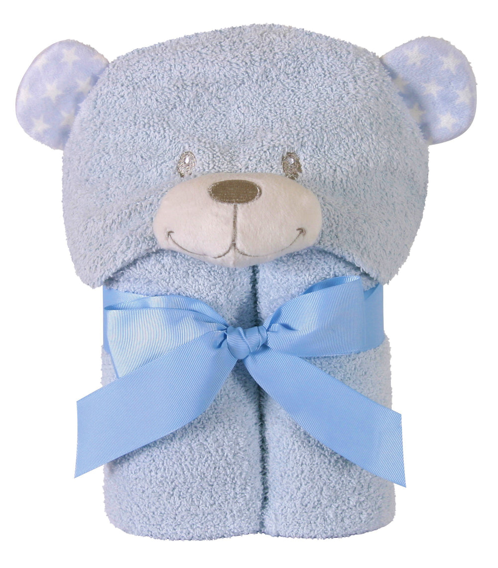 Stephan Baby terry plush hooded bath towel with blue bear hood for cozy bath-time snuggles.
