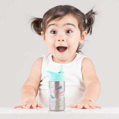 Stephen Joseph unicorn bottle flip-top spout; leak prevention when closed.