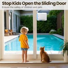 STERGDE sliding door lock blue installation close-up, adhesive backing enables no-drill setup