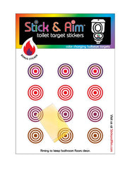 Stick & Aim color-change bullseye sticker pack shown ready for bathroom use, helps target training