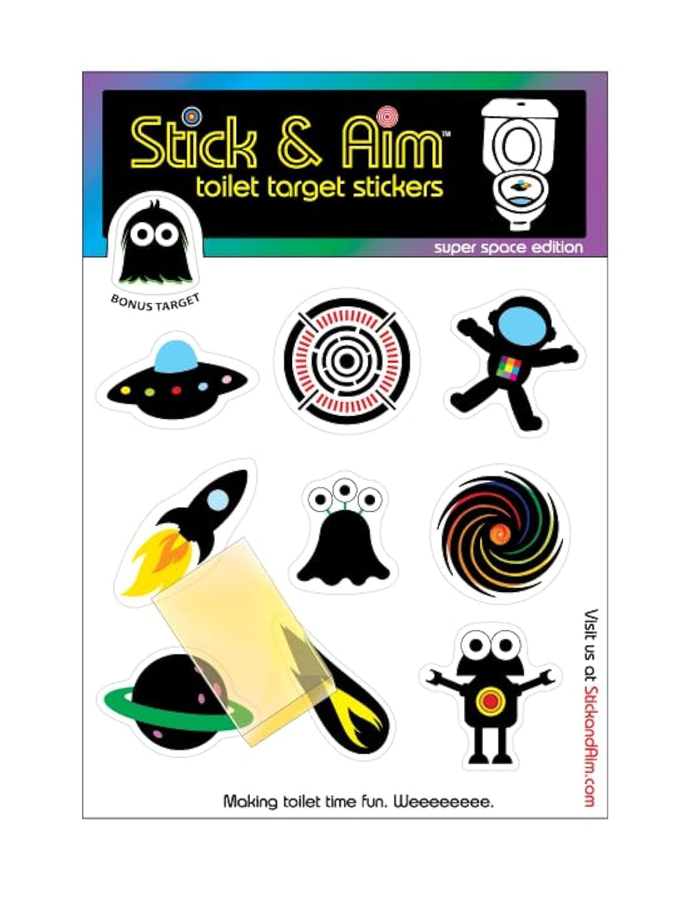 Stick & Aim color-change space edition pack on tile for engaging potty training feedback.