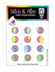 Stick & Aim bullseye target affixed to toilet bowl to reduce mess