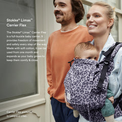 Stokke Limas Carrier Flex hip carry in terracotta supports hands-free comfort.