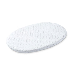 Stokke Sleepi Mini fitted sheet Grey Dotty folded, premium organic cotton for gentle baby comfort.