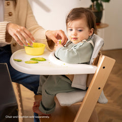 Stokke Tray White close-up shows BPA-free material for easy cleanup after spills