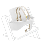 Stokke Tripp Trapp Baby Set White converts chair into high chair with secure harness.