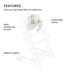 Stokke Tripp Trapp Baby Set White shows five-point harness for growing child safety.