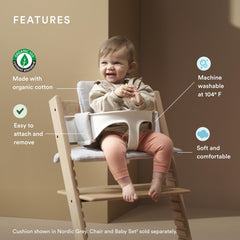 Stokke Tripp Trapp Classic Cushion 2 attachment demonstrates easy clip-on use for quick setup.