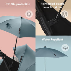 Stokke YOYO Parasol Aqua extended shading for sunny city outings.