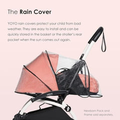 Stokke YOYO rain cover shields baby from wind and rain during outings.
