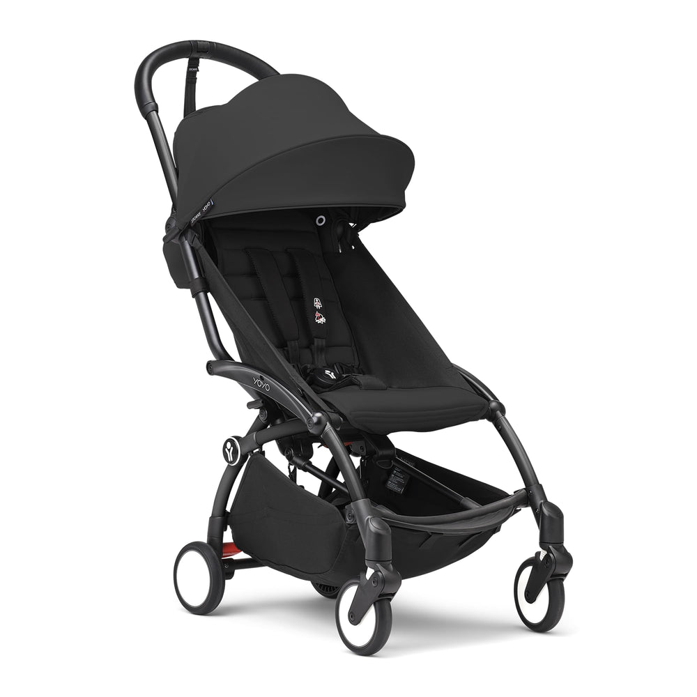 Stokke YOYO3 black frame with seat ready for city strolling