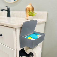 Storage Theory wipes holder shelf-top usage keeps phone or spray within reach.