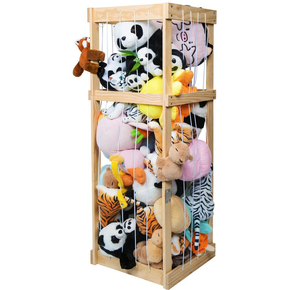 Storenization stuffed animal storage cage shows sturdy wood construction for kid-friendly organization.