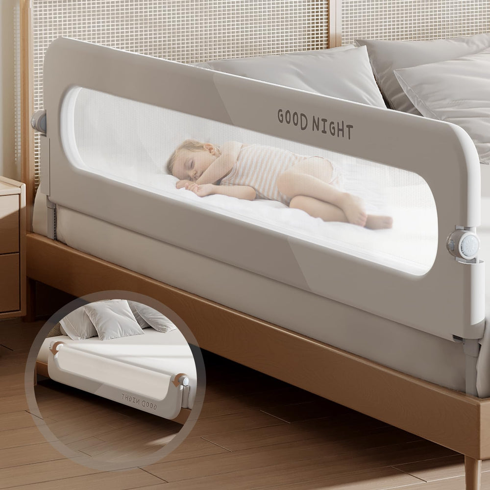 Strenkitech foldable toddler bed rails assembled for secure bedtime protection.