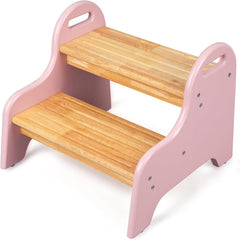 StrongTek Kids 2-Step Stool side view shows durable natural rubber wood for safe bathroom access