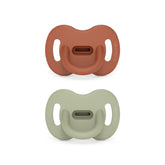 Suavinex Color Essence SX PRO pacifier 2pk in orange and green for on-the-go soothing.